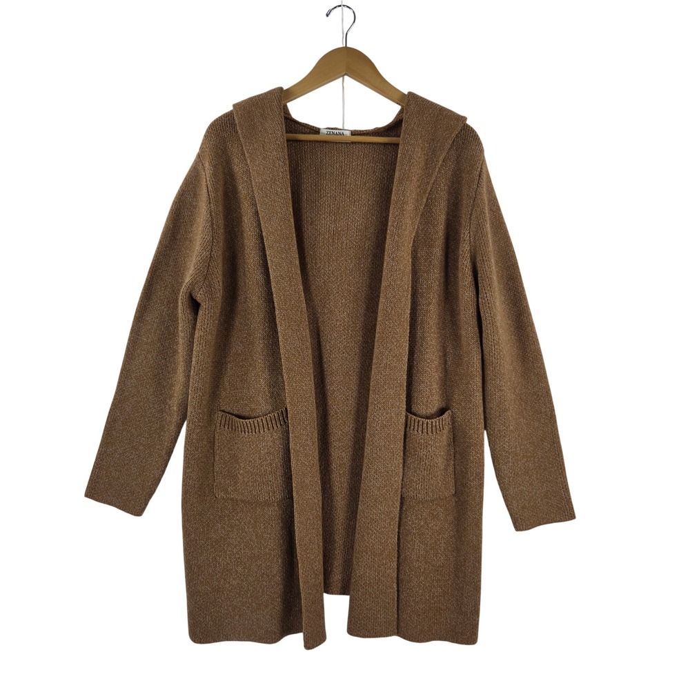 Zenana Women Brown Marl Hooded Open Front Longline Cardigan Sweater M Boho